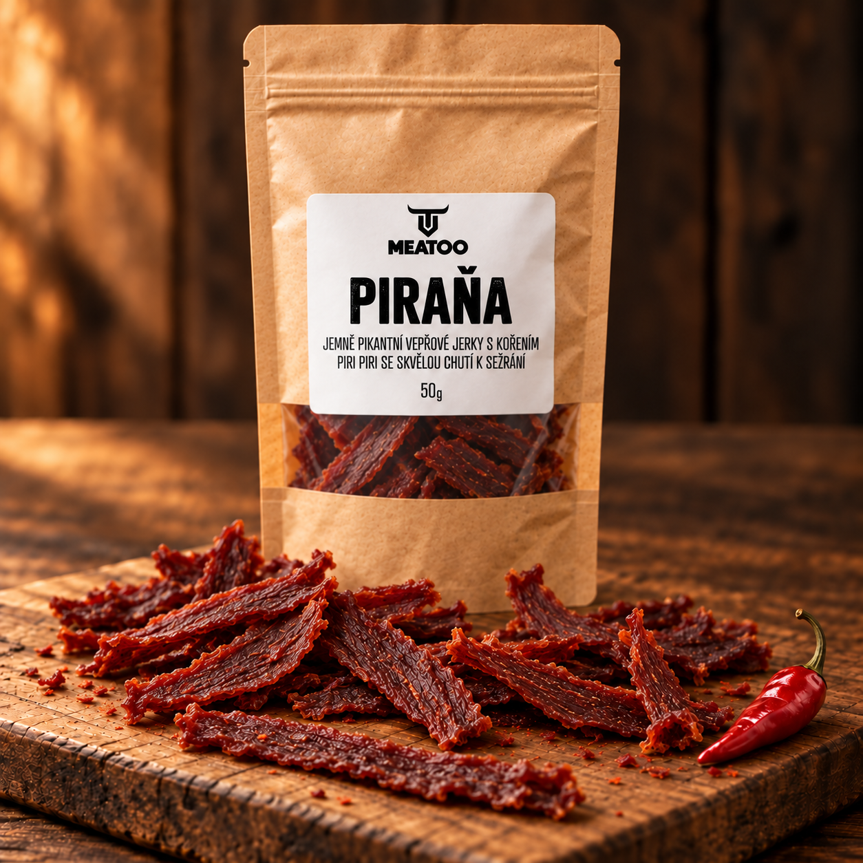 Produktová vizualizace PIRAŇA: kraftový sáček a sušené maso s kořením na prkénku